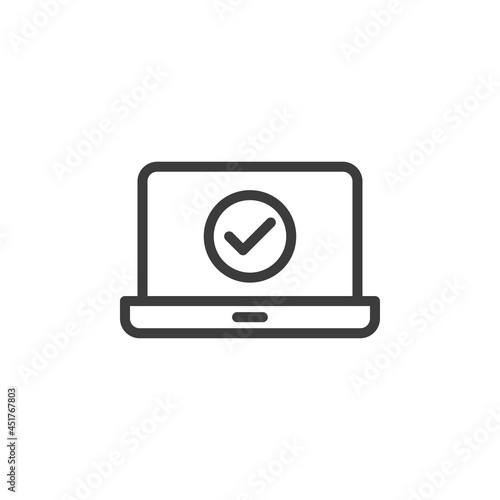 Laptop with check mark icon. Approved payment or transaction.