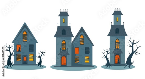 Scary haunted house and broken windows, Halloween horror house set. Vector illustration in flat style.
