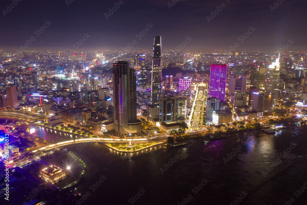 Naklejka premium Beautiful night city, cityscape of Ho Chi Minh city, Vietnam