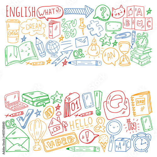Concept of learning English. Online language courses. E-learning. Pattern with vector icons.