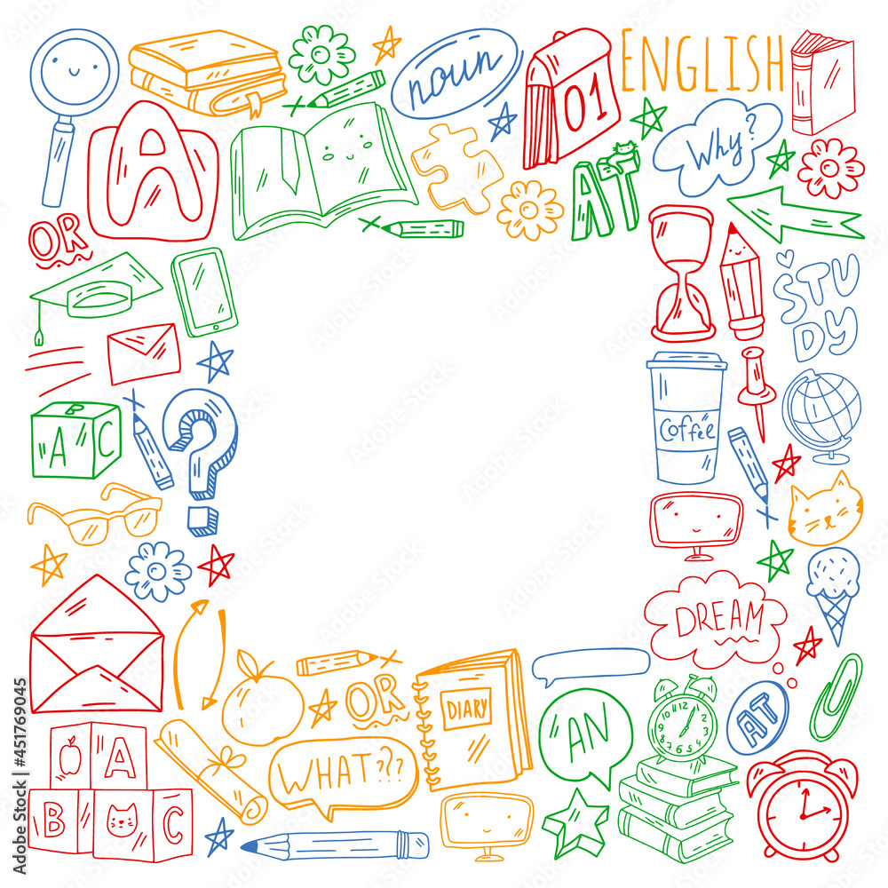 Concept of learning English. Online language courses. E-learning. Pattern with vector icons.