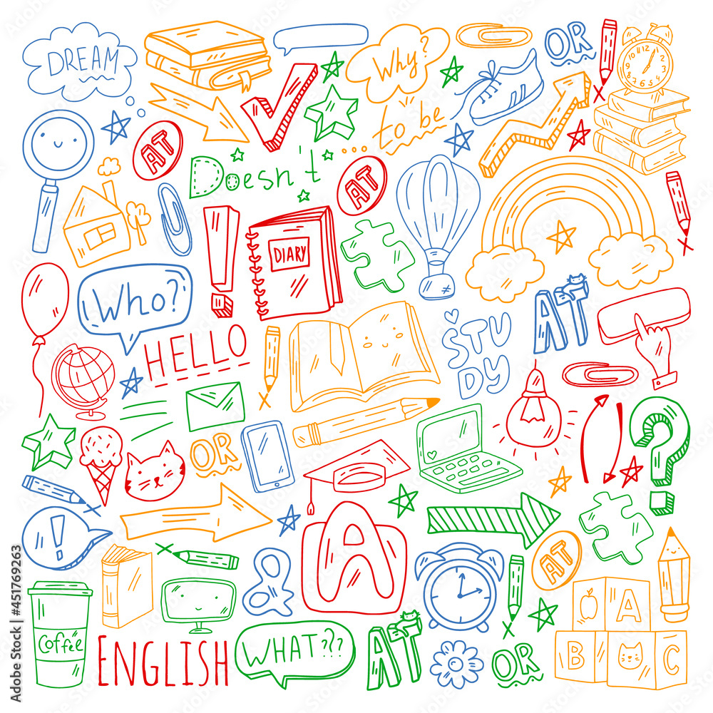 Concept of learning English. Online language courses. E-learning. Pattern with vector icons. Concept of learning English. Online language courses. E-learning. Pattern with vector icons.