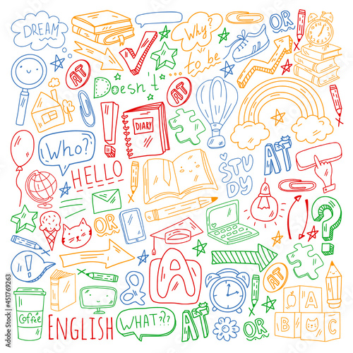 Concept of learning English. Online language courses. E-learning. Pattern with vector icons.