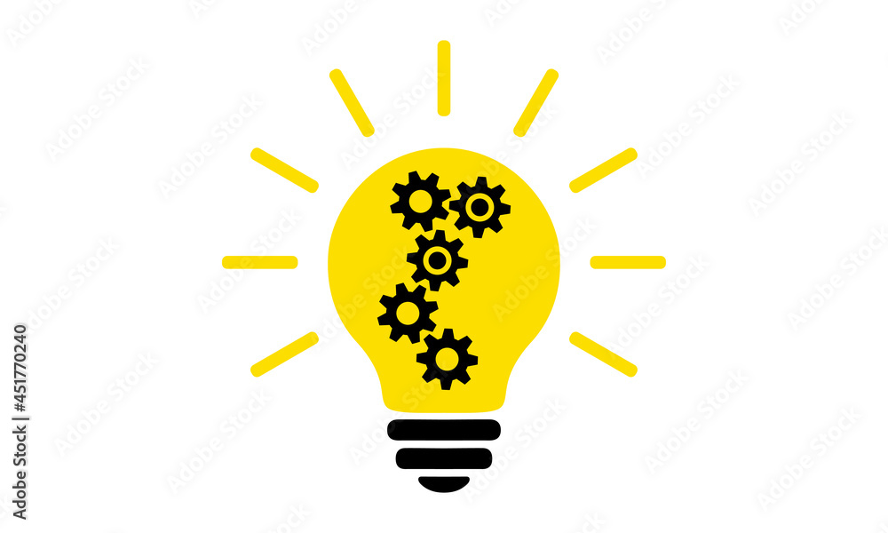 Light bulb flat icon. Lighting electric lamp with cog and gear wheels inside and rays, simple pictogram. Vector graphic design element. Creative idea sign, solution, innovation concept. Light bulb flat icon. Lighting electric lamp with cog and gear wheels inside and rays, simple pictogram. Vector graphic design element. Creative idea sign, solution, innovation concept.