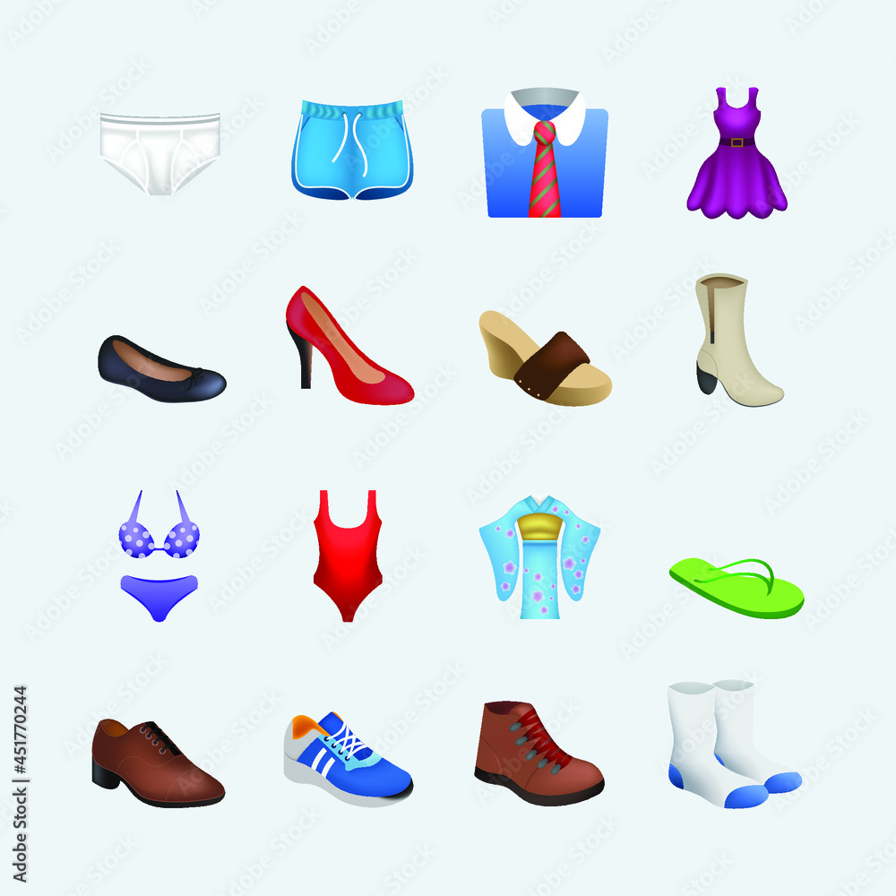 Stylish clothes icons emoji set. Cartoon set of stylish clothes icons