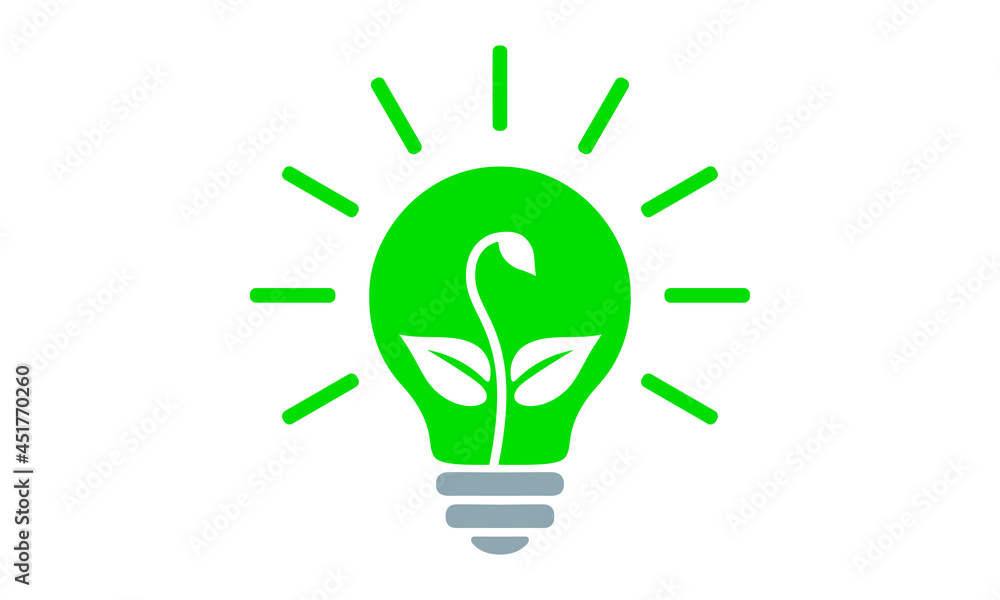 Green light bulb, flat icon. Electric lamp with rays and sprout growing inside, outline simple pictogram. Vector graphic design element, leaves and stem. Green renewable energy sign. Green light bulb, flat icon. Electric lamp with rays and sprout growing inside, outline simple pictogram. Vector graphic design element, leaves and stem. Green renewable energy sign.