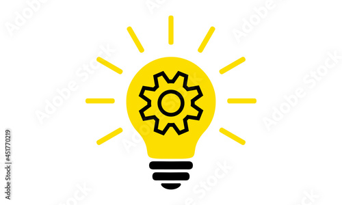 Yellow light bulb, flat icon. Lighting electric lamp with cogwheel (gear) inside and rays, simple pictogram. Vector graphic design element. Creative idea sign, solution, innovation concept.