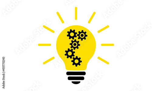 Light bulb flat icon. Lighting electric lamp with cog and gear wheels inside and rays, simple pictogram. Vector graphic design element. Creative idea sign, solution, innovation concept.