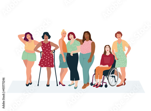 Diverse women group, woman in a wheelchair,a woman on crutches standing in a row.Vector illustration in a flat style.