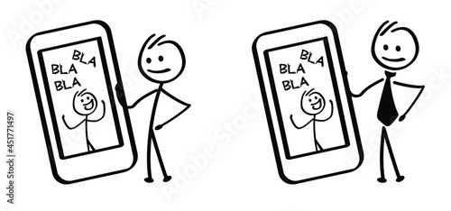 phone call, stickman figures say bla bla bla. Vector cartoon stick figures. Drawi business manager stick man and mobile phone, talking says hello.