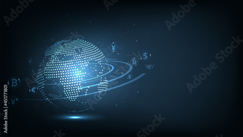 Money Transaction Technology Concept.Global network connection.Money transfer. Foreign exchange.Payment mechanism.Global Currency. Vector Illustration.