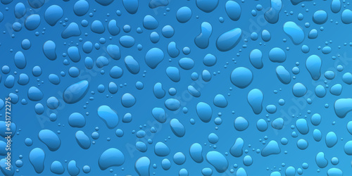 Water drops on blue background. Condensation of realistic pure rain droplets