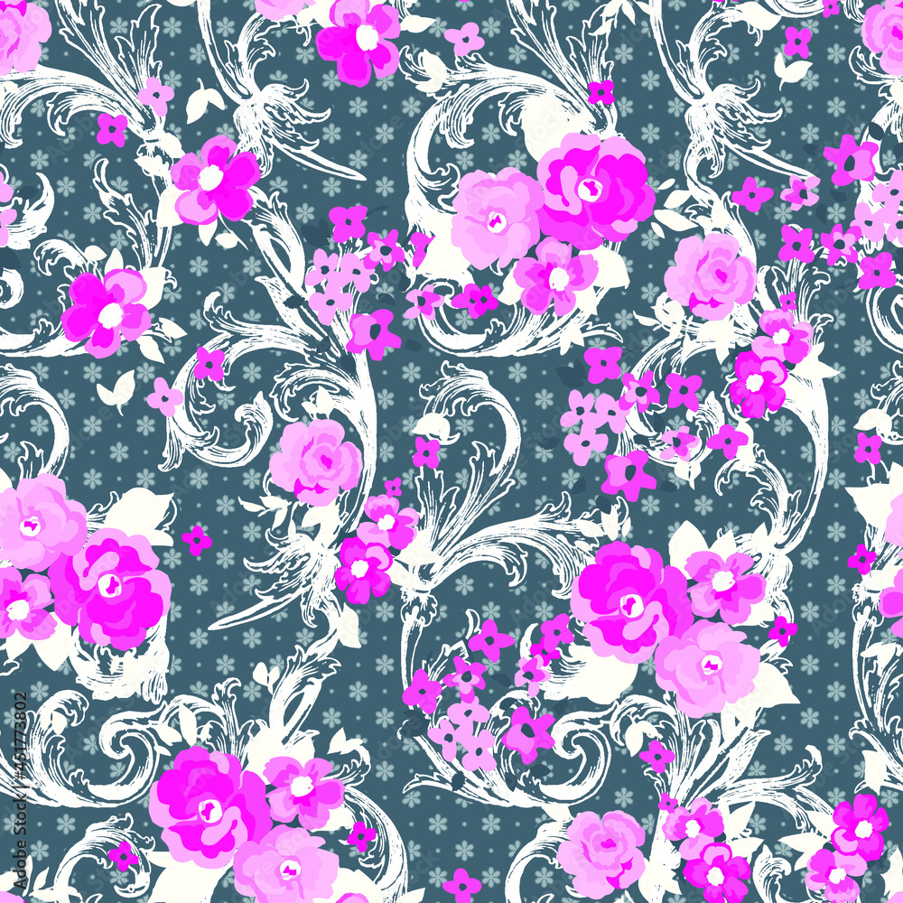 Colorful flowers pattern spring botanical design. Liberty style. Floral seamless background for textile or book covers, manufacturing, wallpapers, print, gift wrap and scrapbooking.