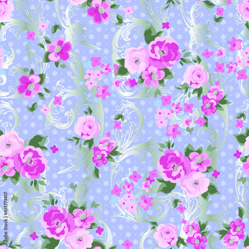 Fototapeta Colorful flowers pattern spring botanical design. Liberty style. Floral seamless background for textile or book covers, manufacturing, wallpapers, print, gift wrap and scrapbooking.