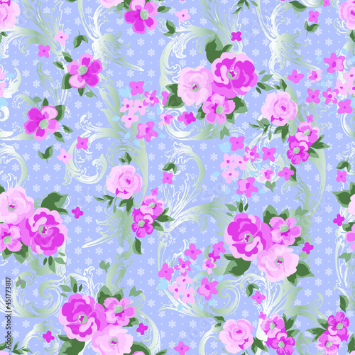 Colorful flowers pattern spring botanical design. Liberty style. Floral seamless background for textile or book covers, manufacturing, wallpapers, print, gift wrap and scrapbooking.