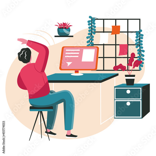 Different people exercise in the workplace scene concept. Man does training and bends to sides, sits on chair at desk. Office work people activities. Vector illustration of characters in flat design