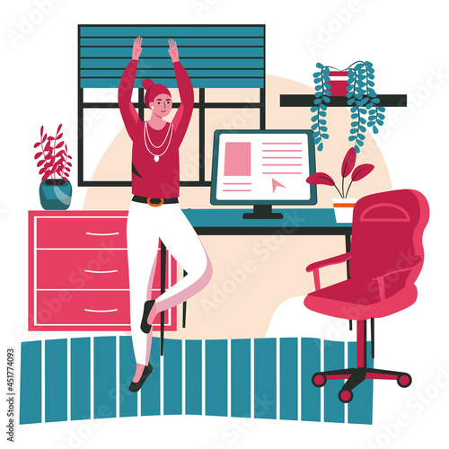 Different people exercise in the workplace scene concept. Woman training yoga on break, standing in tree position. Office work people activities. Vector illustration of characters in flat design © Andrey