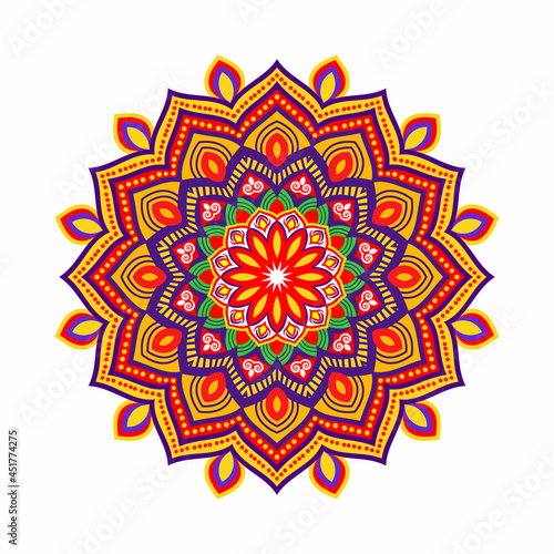 Vector hand-drawn doodle mandala. Ethnic mandala with colorful tribal ornament. Isolated. Bright colors.