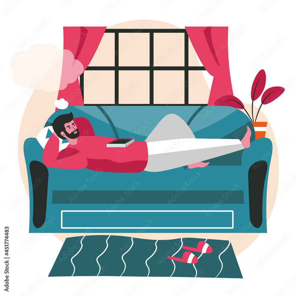 Dreaming people scene concept. Man lies on couch dreaming with empty