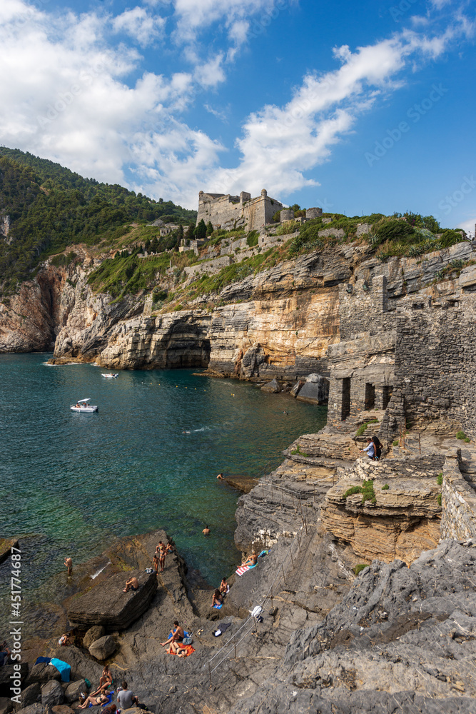 Ancient Doria Castle (1164-XIX century) of Porto Venere or Portovenere town, UNESCO world heritage site, on the rocky coastline along the Mediterranean Sea. La Spezia, Liguria, Italy, Europe.
