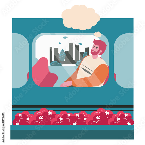 Dreaming people scene concept. Man sits in train car and thinks with empty bubble over head. Imagination, relaxation, daydreaming people activities. Vector illustration of characters in flat design