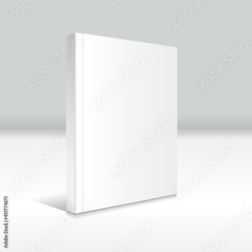 Blank white standing thin softcover book or magazine mockup template. Isolated on gray background with shadow. © Mockups Variety