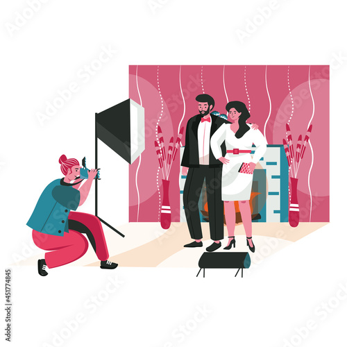 People work as photographers scene concept. Man with camera makes photo session for couple in the studio. Profession and hobby people activities. Vector illustration of characters in flat design