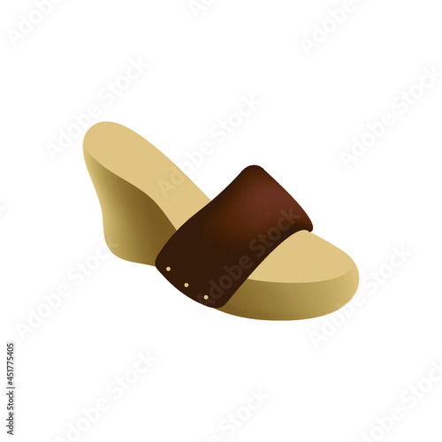 Woman fashion leather shoe emoji icon. Vector illustration of brown open-back shoes with metallic decoration isolated on white background. 