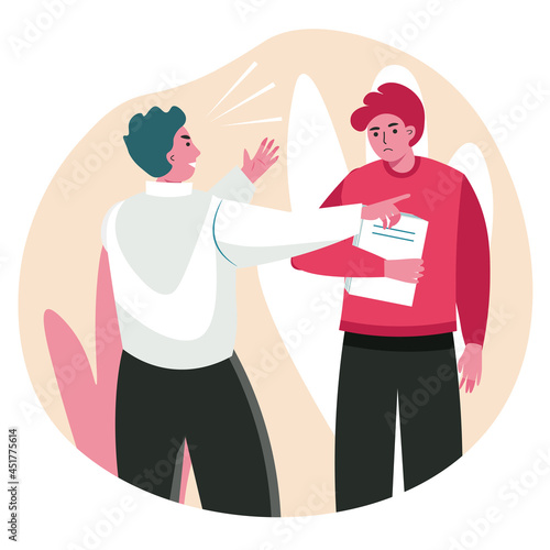 Rudeness in a business team scene concept. Boss yells at employee. Colleagues shout at each other and argue. Stress office work people activities. Vector illustration of characters in flat design