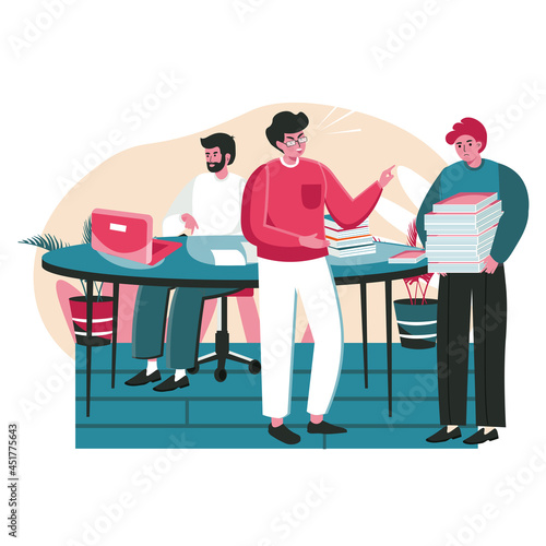 Rudeness in a business team scene concept. Manager yells at employee. Overworked man stands with stack of papers. Stress office work people activities. Vector illustration of characters in flat design