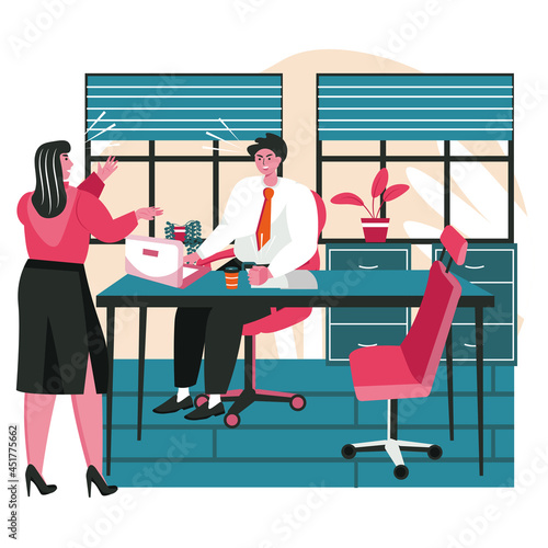 Rudeness in a business team scene concept. Businesswoman yells at colleague. Employees argue aggressively. Stress office work people activities. Vector illustration of characters in flat design