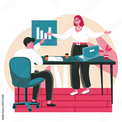 Rudeness in a business team scene concept. Woman boss yells at employee, sad man suffers from abuse in workplace. Stress office work people activities. Vector illustration of characters in flat design
