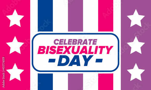 Celebrate Bisexuality Day. Bisexual Pride and Bi Visibility Day. Bisexual flag. Coming out. Celebrated annual in September 23. Festival and parade. Poster, card, banner, template, background. Vector