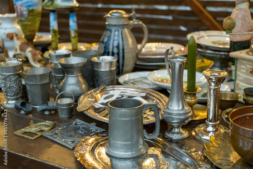 Various tableware on counter at souvenir bazaar