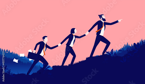 Determined business team walking up hill towards success. Business progress and motivation concept. Vector illustration