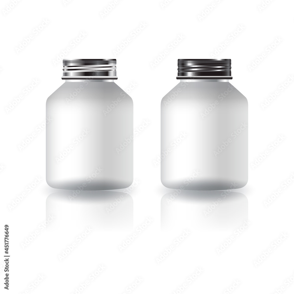 Blank white round supplements, medicine bottles with silver-black screw lid for beauty, healthy product. Blank white round supplements, medicine bottles with silver-black screw lid for beauty, healthy product.