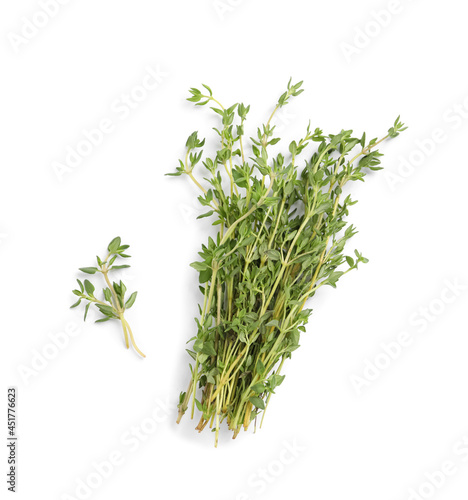 Bunch of aromatic thyme on white background, top view. Fresh herb