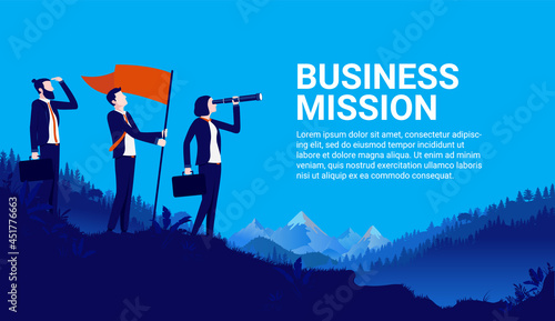 Business mission - Proud and determined businesspeople standing on hilltop in epic landscape raising flag on searching for success. Vector illustration