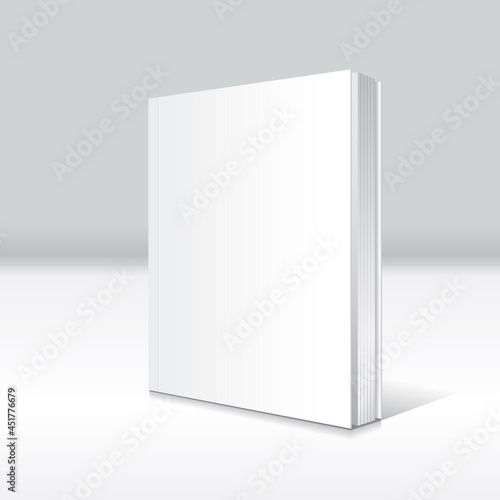 Blank white standing and slightly open thin softcover book or magazine mockup template.