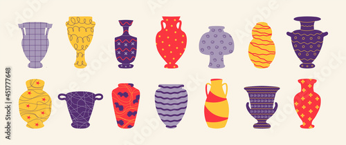 Pottery. Cartoon antic vase and vessel of ceramic, interior design decoration with ornaments and symbols. Vector ancient jugs and pots set