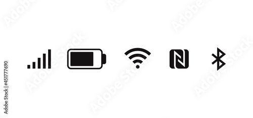Wireless network icons. Mobile GSM network Wi-Fi, Bluetooth and NFC signal smartphone status bar icons. Vector mobile gadget pictograms set