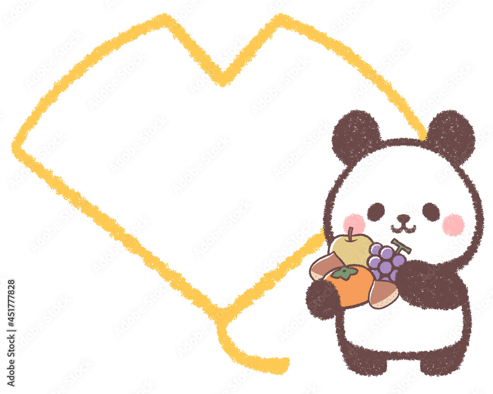 秋の味覚を持ったパンダとイチョウの線画フレーム