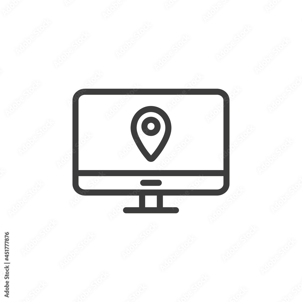 Desktop computer with map pin icon. Location or navigation sign Desktop computer with map pin icon. Location or navigation sign
