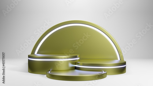 Abstract vector rendering 3d shape for product display presentation. Luxury gold and light cylinder pedestal podium. White minimal wall scene and golden circle backdrop. Vector illustration.