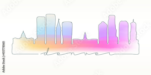 Denver, CO, USA Skyline Watercolor City Illustration. Famous Buildings Silhouette Hand Drawn Doodle Art. Vector Landmark Sketch Drawing.
