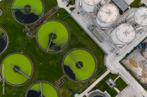 Aerial view of a sewage and waste water treatment works in the UK