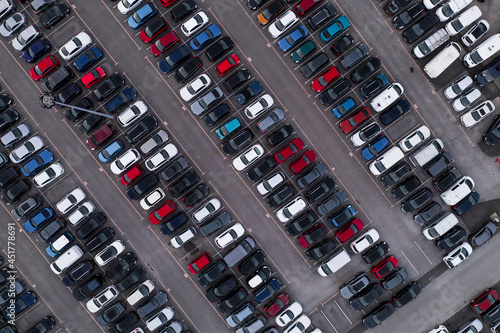 Aerial view of rows of parked cars for sale or for export and import