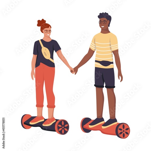 A young man and a woman are riding on gyroscuters. A couple in love. Flat vector illustration.