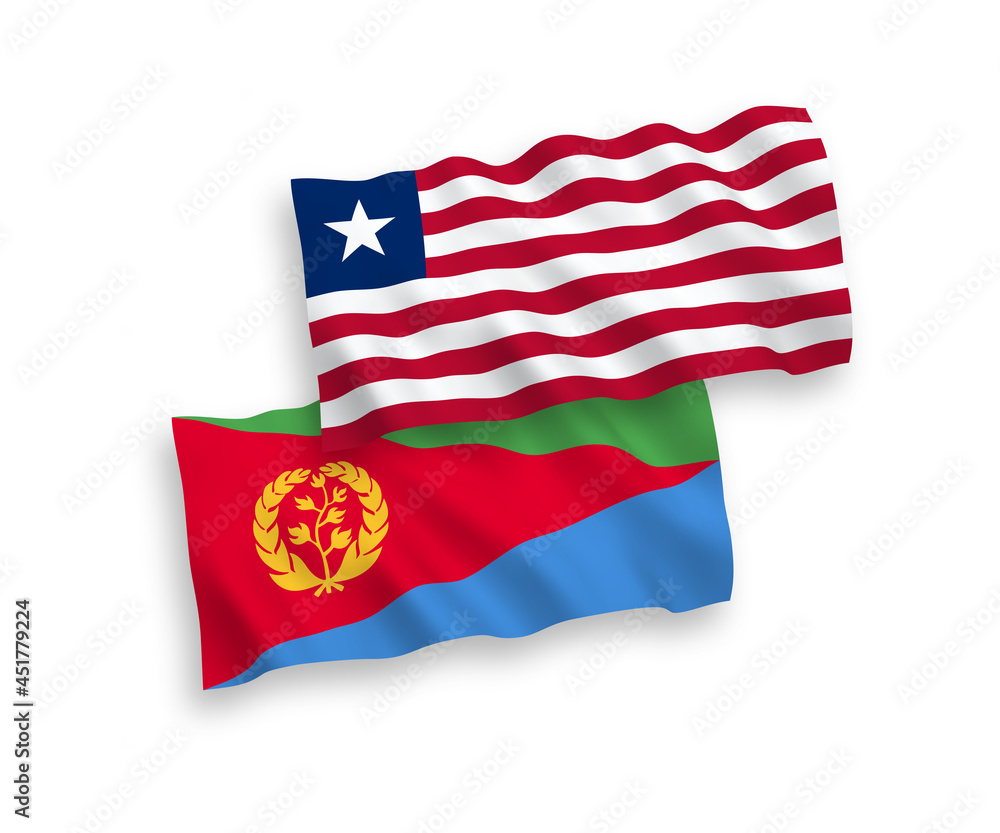 Obraz premium National vector fabric wave flags of Eritrea and Liberia isolated on white background. 1 to 2 proportion.