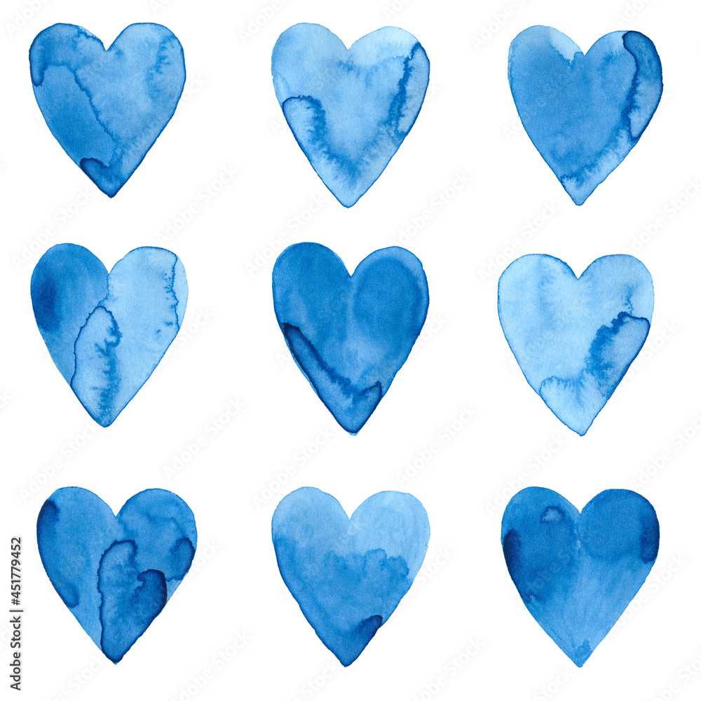 Set of blue watercolour hearts